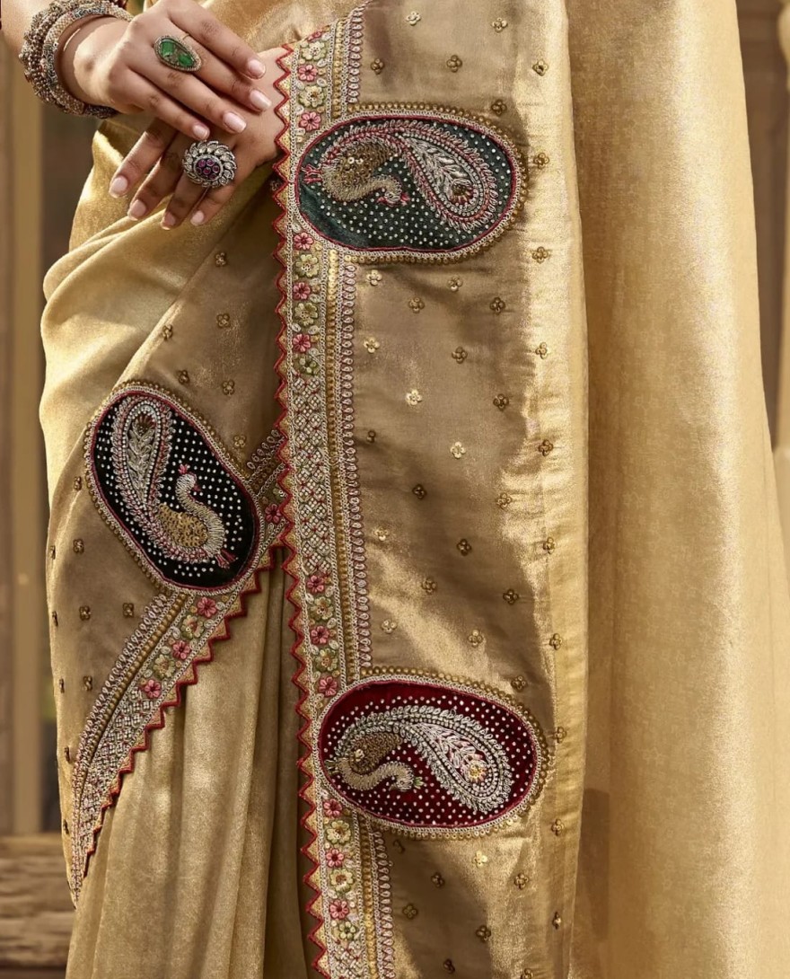 106 - Bronze Gold Embroidered Tissue Silk Saree with Stitched Blouse